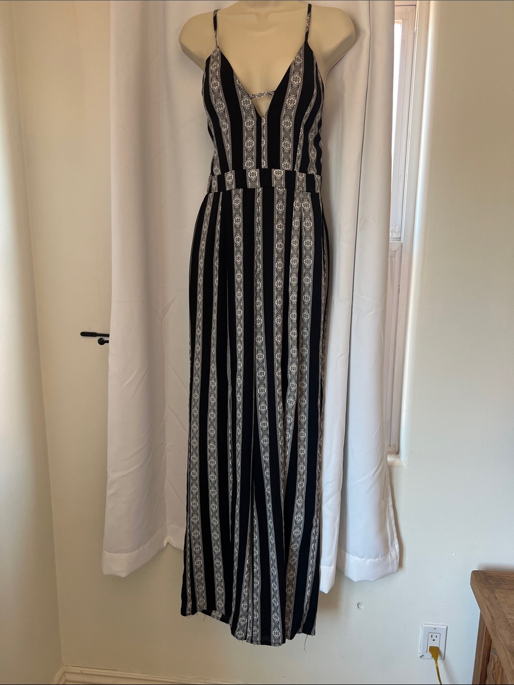 Black and White Striped V-Neck Maxi Dress with Spaghetti Straps